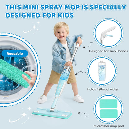 Kids Spray Mop - 30 Inch, 420ml Large Water Tank, Effective Cleaning Tool & Fun Montessori Toy, Pretend Play Housekeeping Set Toddlers Love (Magenta)