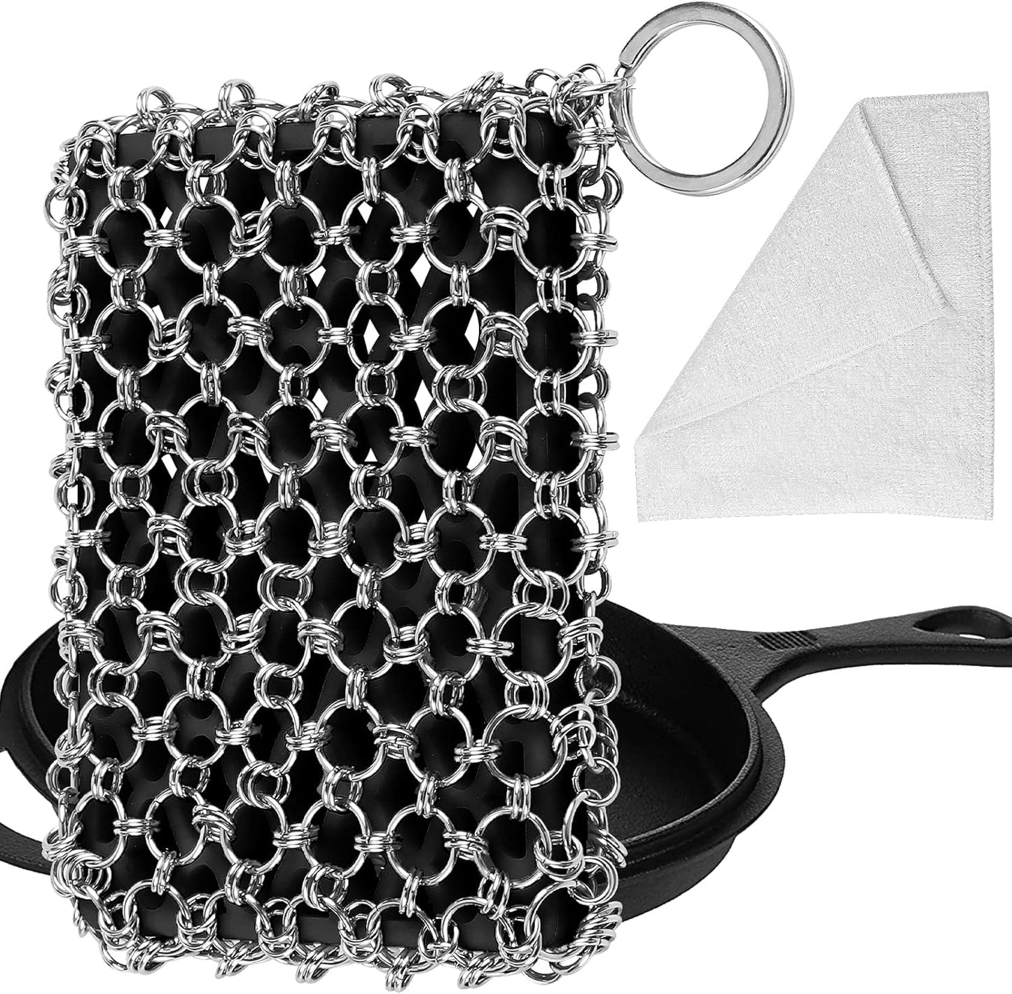 Herda Chain Mail Cast Iron Cleaner Scrubber,316 Chainmail Pan Scrubber Metal Cleaning Brush, Pad, Sponge Scraper to Clean Skillet,Dutch Oven, Wok,Grill Griddle,Chain Link Scrub Brush Pot Care Kit