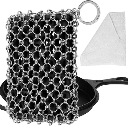 Herda Chain Mail Cast Iron Cleaner Scrubber,316 Chainmail Pan Scrubber Metal Cleaning Brush, Pad, Sponge Scraper to Clean Skillet,Dutch Oven, Wok,Grill Griddle,Chain Link Scrub Brush Pot Care Kit