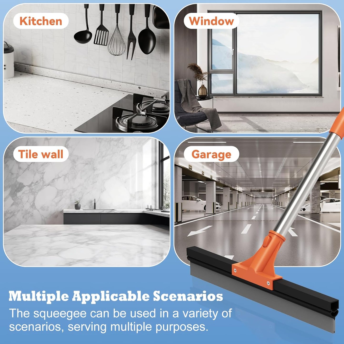 Large Heavy-Duty Floor Squeegee, 18” Rubber Blade Broom & 62” Long Handle Floor Squeegee for Concrete, Bathroom Tile, Garage Concrete, Deck, Shower Glass, Window Cleaning