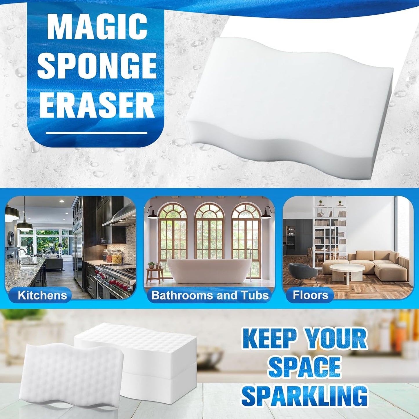 SiliFine Magic Extra Durable Sponge Eraser 3 Layer Density Cleaning Pads in Bulk Thick More Lasting Sponge Eraser for Bathroom Kitchen Floor Bathtub Toilet Cleaner(60 Pcs,White, Blue)