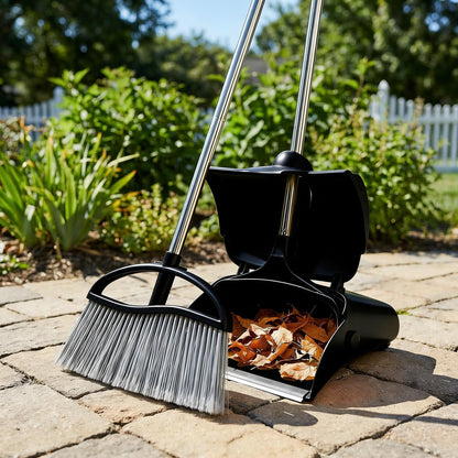 Long Handle Heavy Duty Broom and Dustpan Set, Outdoor and Commercial Upright Dustpan and Brush for Restaurant Garage Garden Yard Office, Yellow