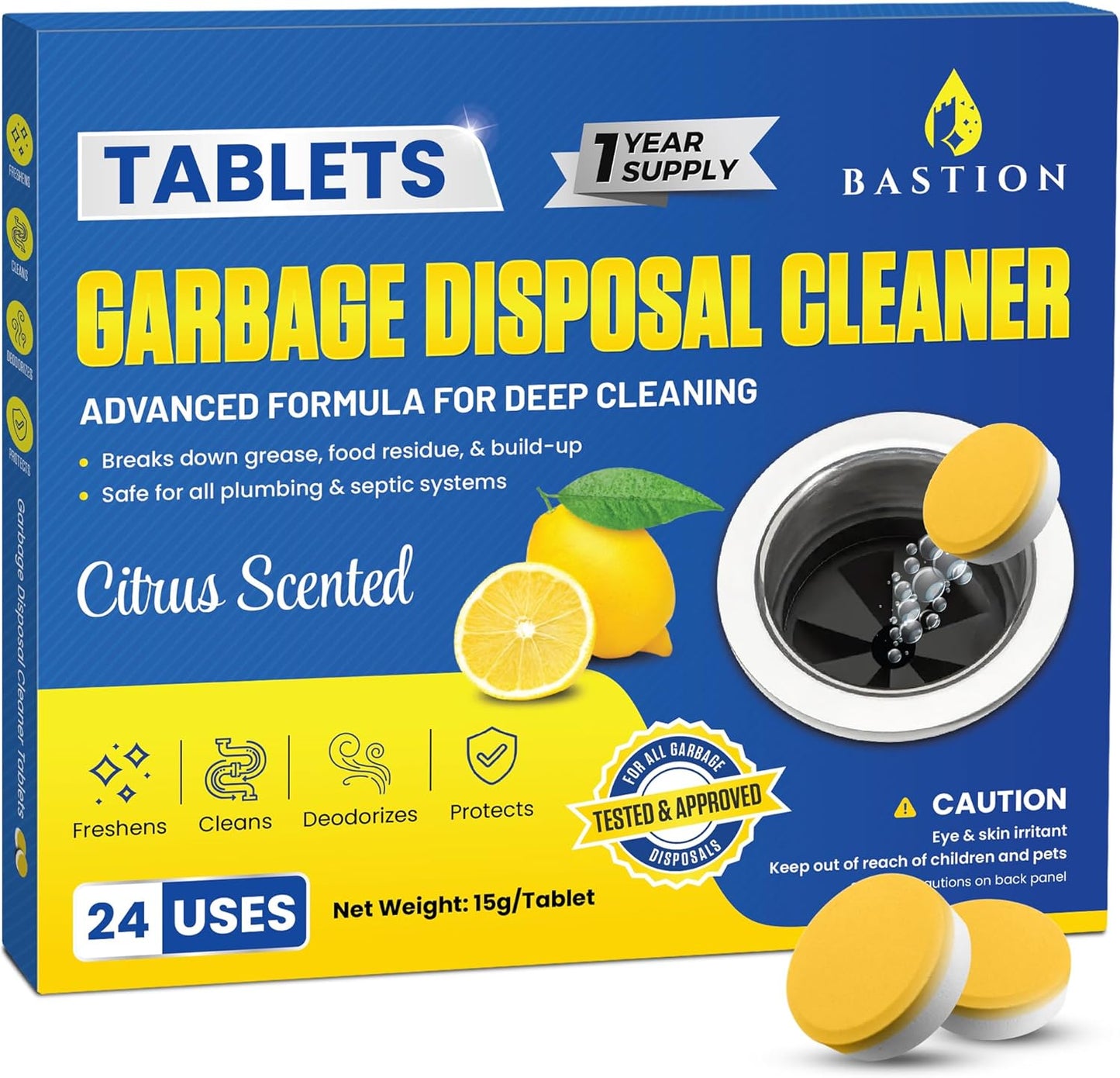 Bastion Garbage Disposal Cleaner and Deodorizer - 24-Count (1-Year Supply) Foaming Lemon Scented Kitchen Sink Freshener Pods & Drain Odor Eliminator Disposer Care