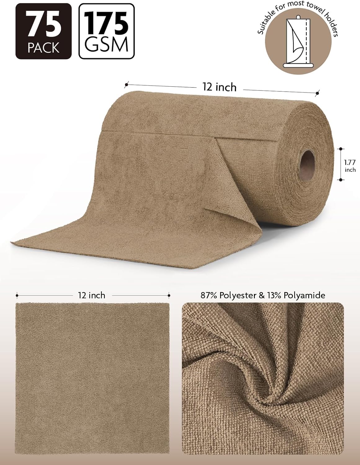Fantasticlean Microfiber Cleaning Cloth Roll -75 Pack, Tear Away Microfiber Towels, 12" x 12", Reusable, Washable, Scratch Free, Ultra Absorbent Dishcloth for All-Around Cleaning Supplies (White)