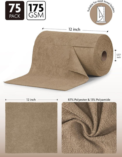 Fantasticlean Microfiber Cleaning Cloth Roll -75 Pack, Tear Away Microfiber Towels, 12" x 12", Reusable, Washable, Scratch Free, Ultra Absorbent Dishcloth for All-Around Cleaning Supplies (White)