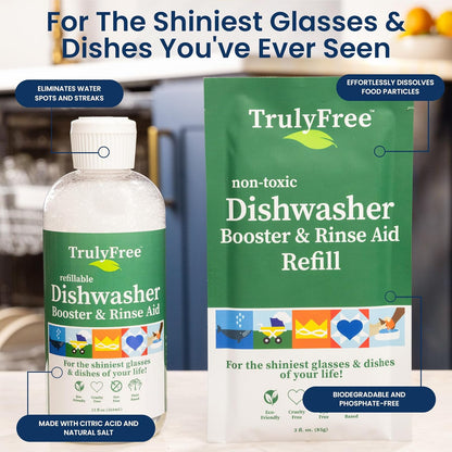 Truly Free Natural Dishwasher Booster & Rinse Aid - Non-Toxic Dishwashing Aid Formula, Removes Residue & Tough Dish Stains, Water Spot Remover - Pack of 3