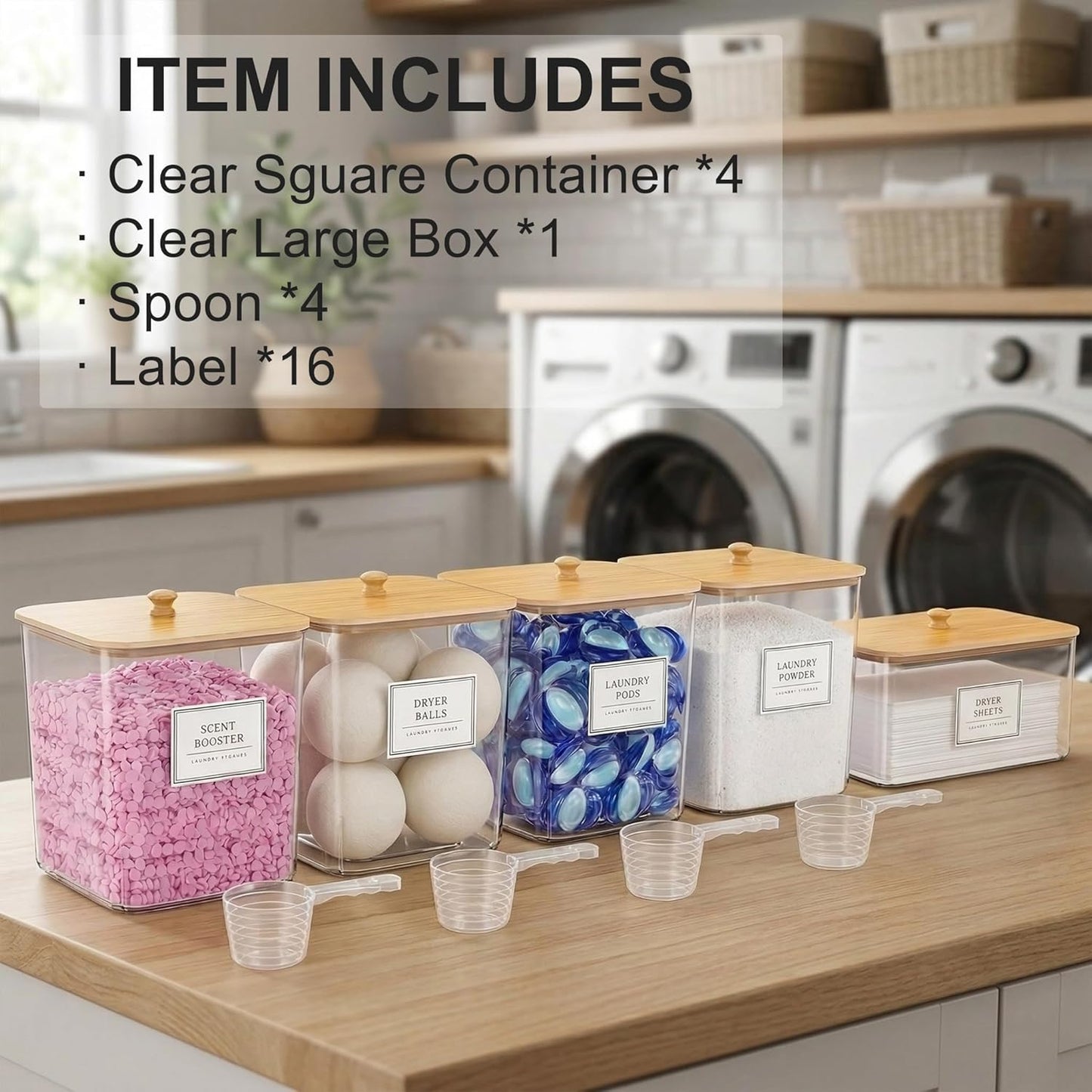 FUSHITON Laundry Pods Storage Container, 4+1 Set Clear Containers with Bamboo Lids for Detergent Pods, Scent Beads & Dryer Sheets, Includes 16 Labels and 3 Measuring Scoops