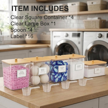 FUSHITON Laundry Pods Storage Container, 4+1 Set Clear Containers with Bamboo Lids for Detergent Pods, Scent Beads & Dryer Sheets, Includes 16 Labels and 3 Measuring Scoops