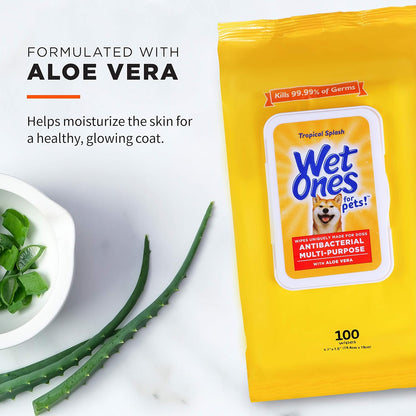 Wet Ones for Pets Antibacterial Dog Wipes, Multi-Purpose Grooming Wipes with Aloe Vera for Paws, Face & Body, Easy Cleanups Between Baths, Tropical Splash Scent, 5.7 in x 7.5 in, 50 Count