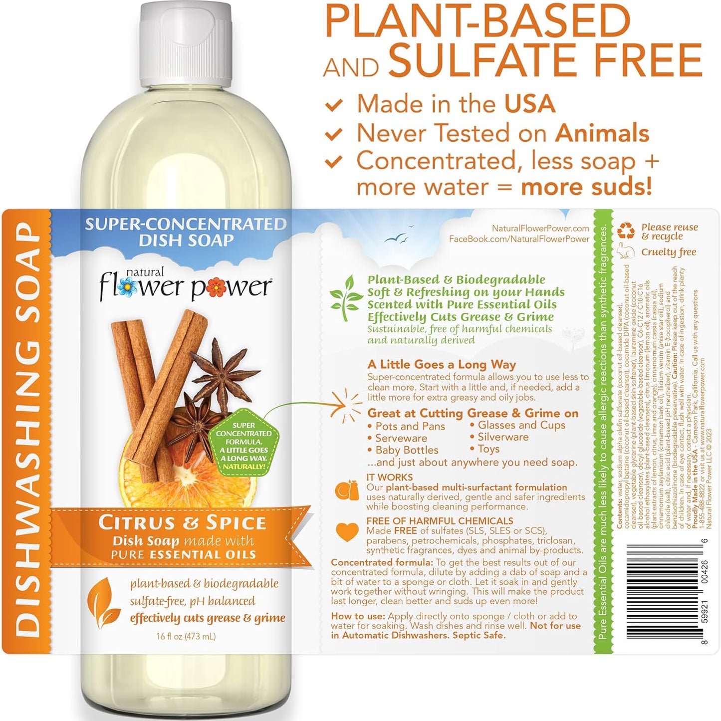 Natural Flower Power Liquid Dish Soap Refill – 66 Fl Oz Refills 4X – Plant-Based & Scented w/Pure Essential Oils – Natural Dishwashing Detergent – Sulfate-Free Kitchen Soap (Lavender)