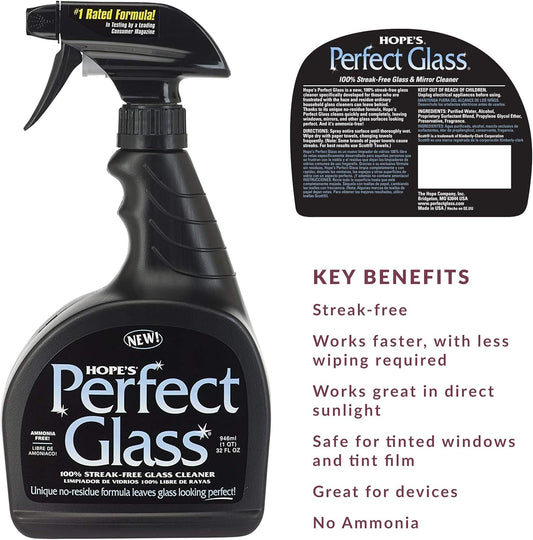 HOPE'S Perfect Glass Cleaner Spray, Streak-Free, Ammonia-Free Window, Mirror, Screen, Tinted Glass, and Shower Door Cleaner, Indoor and Outdoor Glass Surfaces, 32 Fl Oz, Pack of 1