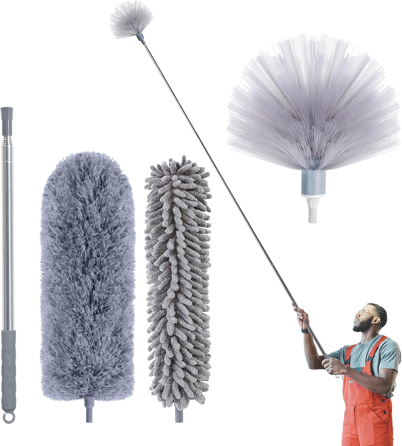 IVYROLL Cobweb Duster with Extension Pole, Spider Web Brush & Ceiling Cleaning Kit, 100" Microfiber Feather Duster Cleaner with Washable Head for Ceiling Fan, Furniture, Home