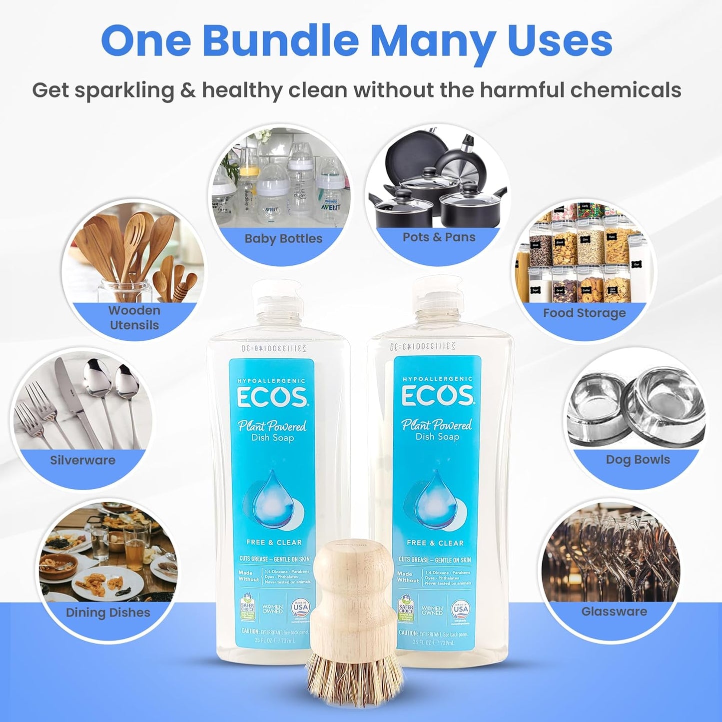 Unscented Dish Soap Liquid Hypoallergenic Cleaning Pack with 1 Natural Sisal Dish Scrub Brush & 2 Unscented Clear Liquid Dishwashing Soap With Biodegradable Formula (3 Items)
