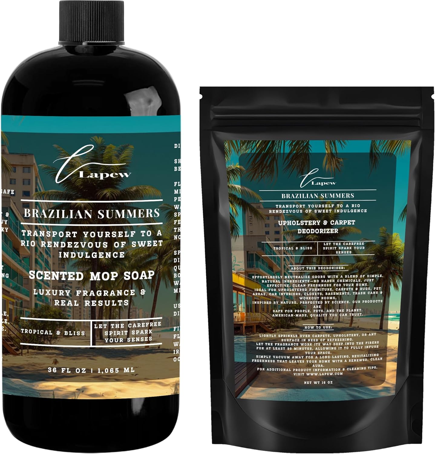Lapew Black Sea Scented Cleaning Bundle | Carpet Deodorizer Powder (16 oz) & Mop Soap Concentrate (36 oz) | Pet-Friendly Odor Eliminator - Colors A
