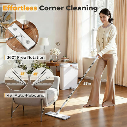 Spreezy Mop and Bucket Set, Hands-Free Flat Mop System with Wringer, Wet and Dry Using, Separate Wash & Wring Zone, Household, 4 Reusable Microfiber Pads for Floor Cleaning, Fits into Narrow Spaces