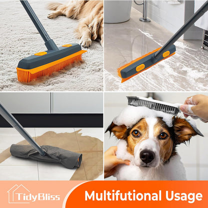 Pet Hair Removal Broom, 57.5 inches Rubber Brush Carpet Rake with Silicone Squeegee, Fur Remover Tool with Detailing Lint Comb for Cleaning Rug, Tile, Hardwood Floor (Gray Orange)