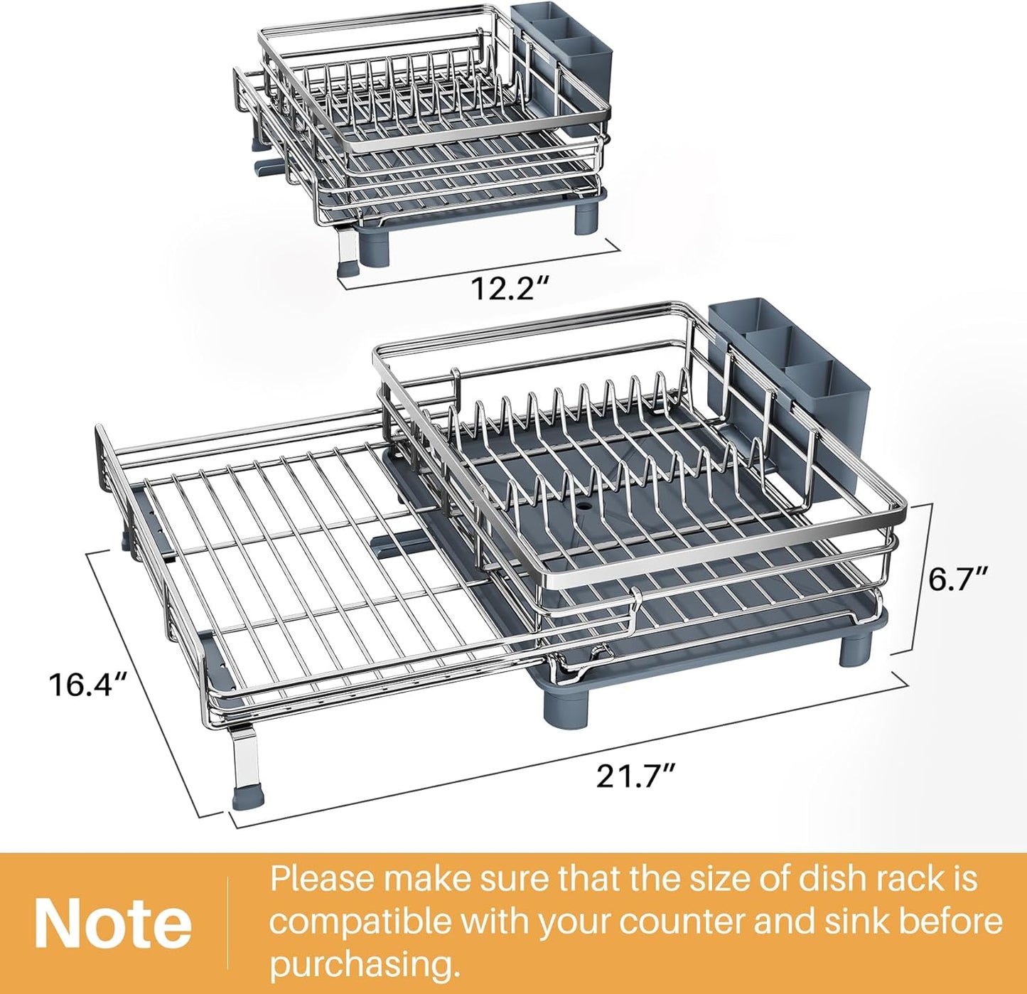SNTD Dish Drying Rack - Extendable Dish Rack, Large Sink Drying Dish Drainer for Kitchen Counter, Stainless Steel Dish Strainer with Utensil Holder (Black)