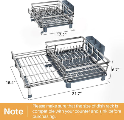 SNTD Dish Drying Rack - Extendable Dish Rack, Large Sink Drying Dish Drainer for Kitchen Counter, Stainless Steel Dish Strainer with Utensil Holder (Black)