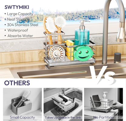 SWTYMIKI Sponge Holder for Kitchen Sink - 2 Tier Rustproof Sink Caddy with Instant Drying Stone, Removable Dish Brush Holder, Stainless Steel Kitchen Caddy for Coutertop Storage Accessories