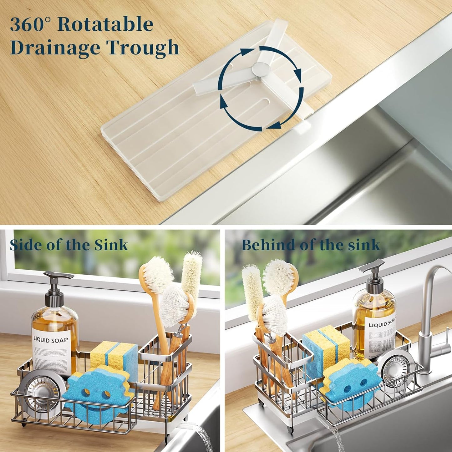 Consumest Sponge Holder for Kitchen Sink - Auto Draining Sink Caddy Organizer with Detachable Rack, High Brush Holder, Kitchen Countertop Storage Accessories, Black