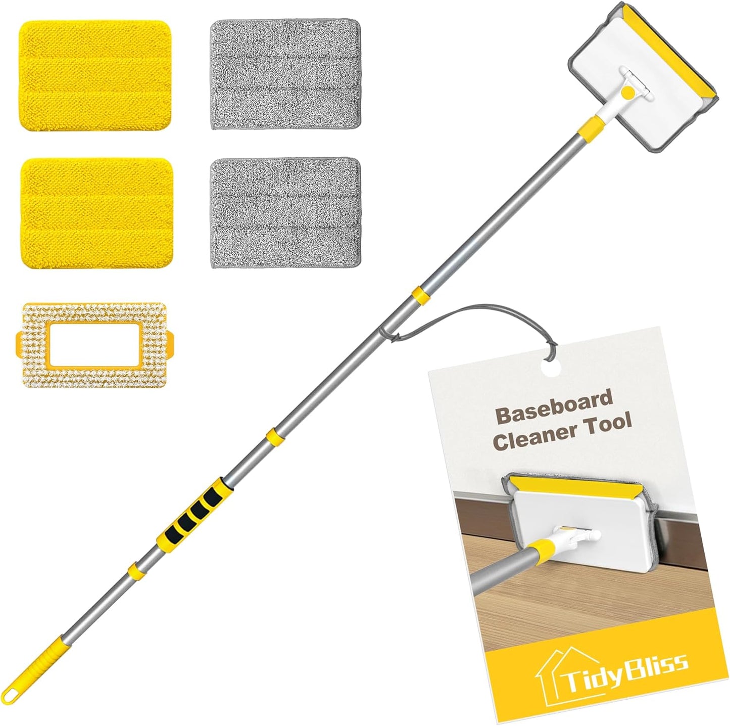 Baseboard Cleaner Tool with Handle, 55.9” Long Wall and Base Board Cleaning Mop, 4 Reusable Pads, 1 Stiff Bristle Scrubber Brush for Floorboard Ceiling Cabinet Window Bathroom (Yellow)