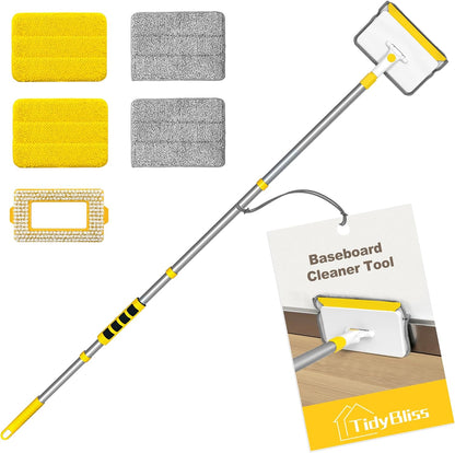 Baseboard Cleaner Tool with Handle, 55.9” Long Wall and Base Board Cleaning Mop, 4 Reusable Pads, 1 Stiff Bristle Scrubber Brush for Floorboard Ceiling Cabinet Window Bathroom (Yellow)