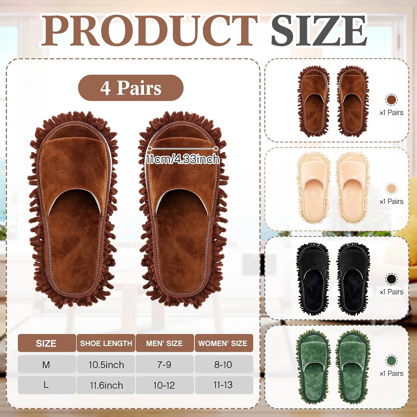 Jecery 4 Pair Washable Microfiber Mop Slippers Detachable Dusting Shoes for Floor Cleaning, Office & Home Use Suitable for Women & Men(Blue, Brown, Beige, White,L Size)