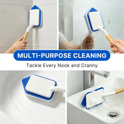 Tub Tile Scrubber Brush – 2 Pack with Wooden Handle, Includes 10 Melamine Sponge Eraser Heads | Non-Scratch Cleaner for Bathtub, Shower Wall, Grout, Kitchen Sink