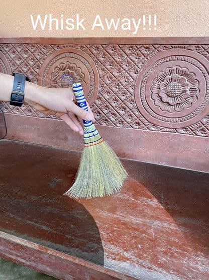 Small Corn Wisk Brush Broom 11 Inch Blue, Red Flagged Indoor Heavy Duty Multi Surface Hard & Soft Floor 100% Handmade(Blue), AW038-AW0038, length 11 Inch, wide 4.5 inch,