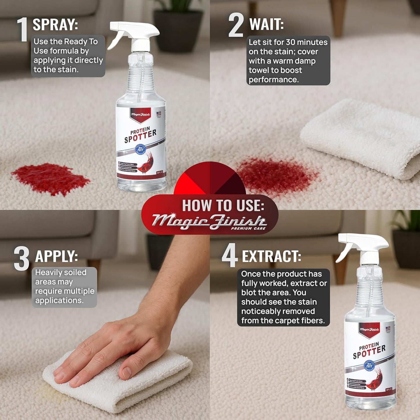 Magic Finish Protein Spotter (32 Oz) – Powerful Fabric and Carpet Stain Remover Spray – Lifts Blood, Pet Urine, Vomit, Food and Wine Stains – Clear, Unscented Spot Cleaner Solution