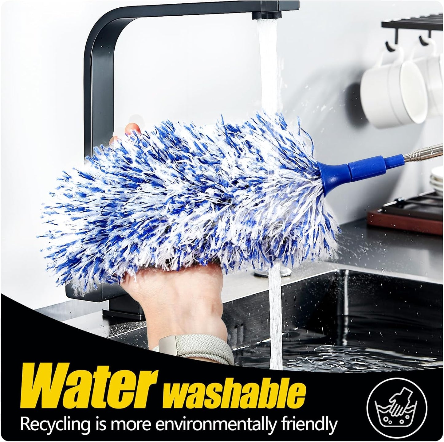 20-49inches Extendable Microfiber Feather Duster with 10pcs Replaceable Heads, Extra Long Bendable Duster for Cleaning, Electrostatic Dust Remove for Furniture, Ceiling, Window,etc (Navy Blue)