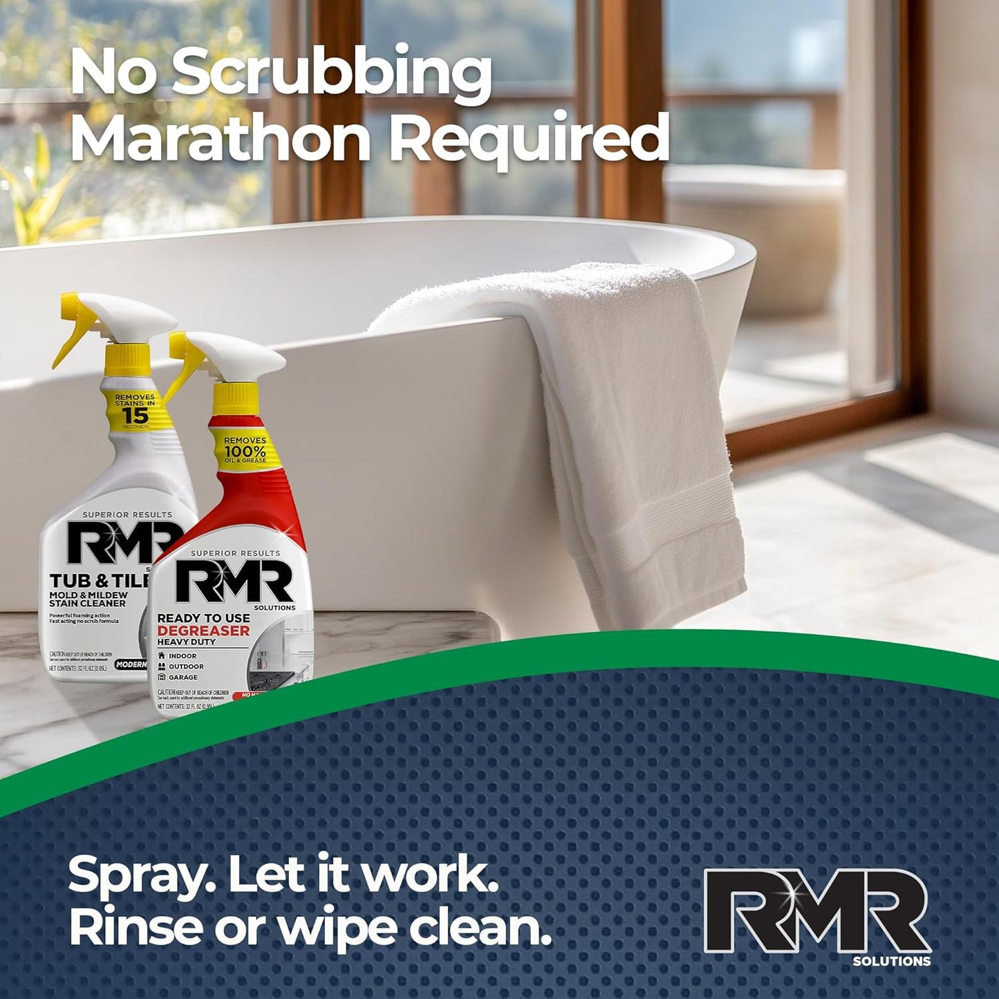 RMR Grime To Shine System – Tub & Tile Stain Remover + Ready to Use Degreaser, 2-Step Bathroom and Surface Cleaning Bundle for Tile, Grout, Shower, Counters, Floors and More, 2–32 Oz Bottles