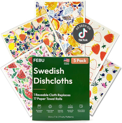 FEBU Swedish Dishcloths for Kitchen | 5 Pack Watercolor Reusable Paper Towels Washable | Swedish Dish Towels | Non-Scratch Cellulose Sponge Cloths | No Odor, Biodegradable Cleaning Cloths