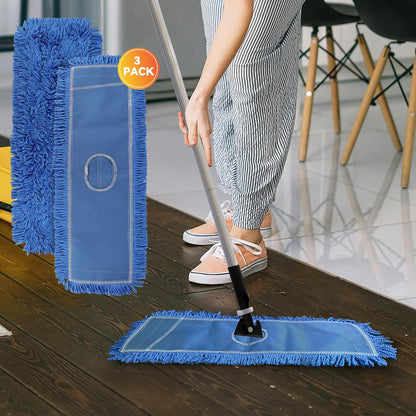 3 Pack 24 Inch Microfiber Dust Mop Head, Medium Washable Commercial Sweeper and Janitorial, Blue