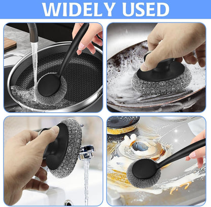 Stainless Steel Wool Scrubber with 2 Replacement Pads - Clean Metal Pans, Pots, Grills & More