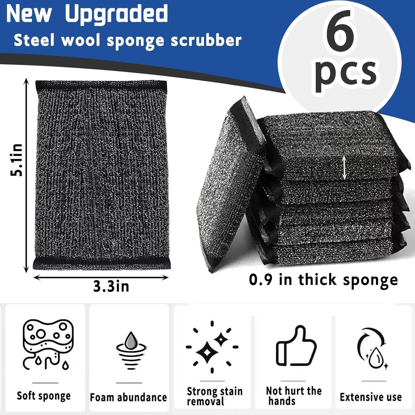 Kitchen Sponges for Dishes Steel Wool Scrubber Sponges for Kitchen Heavy Duty Non-Scratch Scrubbing Cleaner (6 Pack) (Colours)