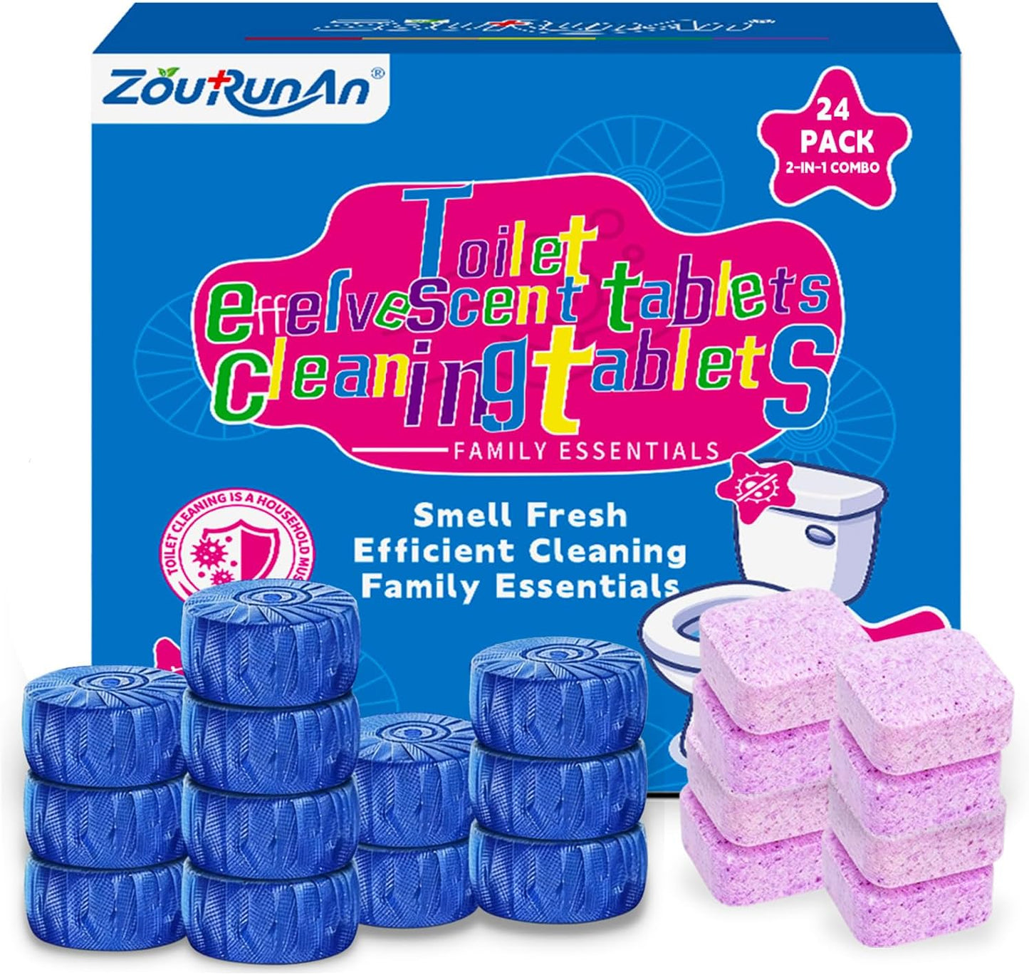 2-in-1 Toilet Cleaning Tablets (48 Pack) - 16 Effervescent Toilet Bowl Stain Remover and 32 Blue White Toilet Tank Cleaner Tablets - Limescale Removal for Septic System