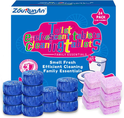 2-in-1 Toilet Cleaning Tablets (48 Pack) - 16 Effervescent Toilet Bowl Stain Remover and 32 Blue White Toilet Tank Cleaner Tablets - Limescale Removal for Septic System