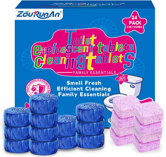 2-in-1 Toilet Cleaning Tablets (48 Pack) - 16 Effervescent Toilet Bowl Stain Remover and 32 Blue White Toilet Tank Cleaner Tablets - Limescale Removal for Septic System