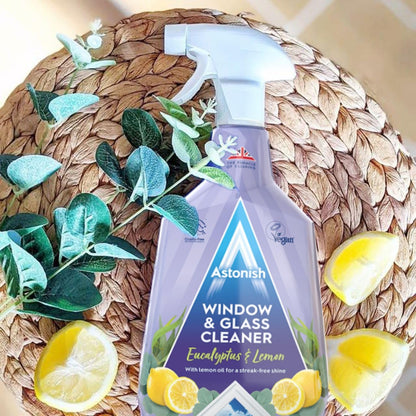 Astonish Streak Free Window & Glass Cleaner Spray Bottle With Vinegar For Deep Cleaning - Eucalyptus & Lemon Scented Home And Bathroom Cleaner - Vegan Cruelty Free Household Cleaning Supplies, 750ml