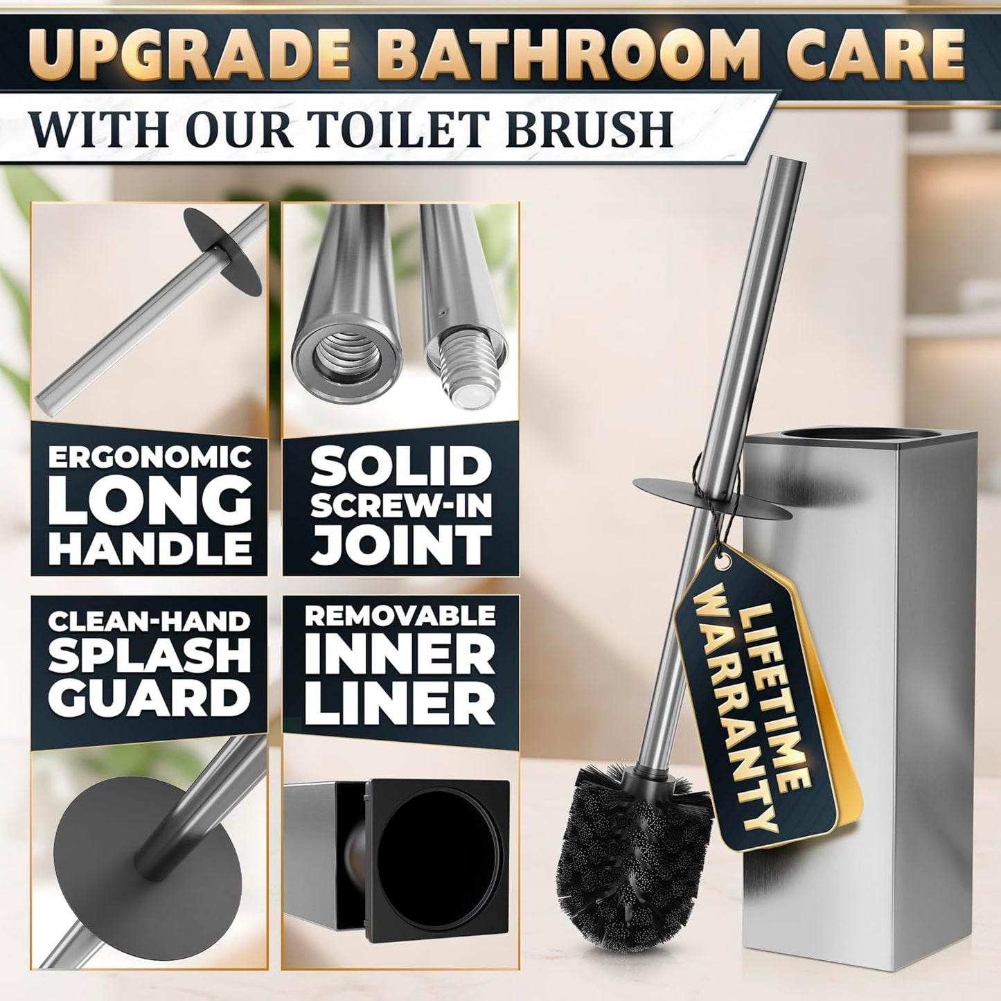 Stylish Stainless Steel Toilet Brush and Holder Set - Silver Toilet Bowl Brush and Holder with Splash Cover, Sturdy Bristles, Corrosion & Scratch Resistant - Elegant Design, Effective Deep Cleaning