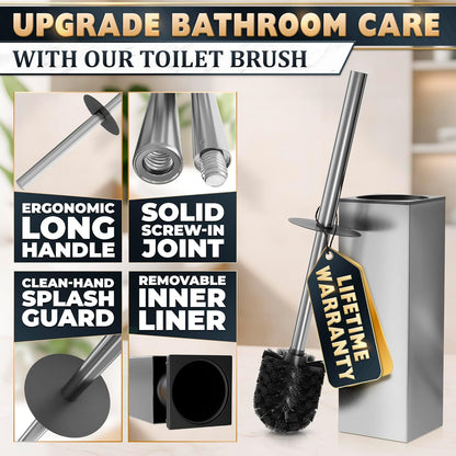 Stylish Stainless Steel Toilet Brush and Holder Set - Silver Toilet Bowl Brush and Holder with Splash Cover, Sturdy Bristles, Corrosion & Scratch Resistant - Elegant Design, Effective Deep Cleaning