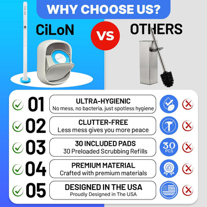 CiLoN 24 Count Carry Detergent Disposable Toilet Brush Wand Refill Pads. 5-Layer Rich Foam Toilet Bowl Cleaning Sponge Head Refills. Pre-Loaded Ocean Breeze Disposal Scrubbing Pads. 24pcs-Value Pack