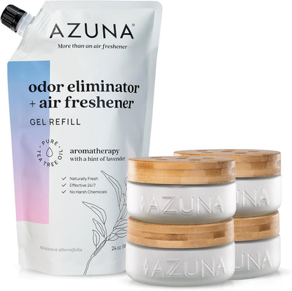Azuna Air Freshener & Odor Eliminator for Strong Odor | 2 Room Kit Includes (2) 8 oz. Empty Luxe Glass Jars & 12 oz | Refill with Tea Tree Essential Oil Gel | Amalfi Breeze | Last 60-90 Days
