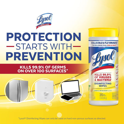 Lysol Disinfectant Wipes, Multi-Surface Antibacterial Cleaning Wipes, for Disinfecting and Cleaning, Lemon and Lime Blossom, 35 Count (Pack of 3)