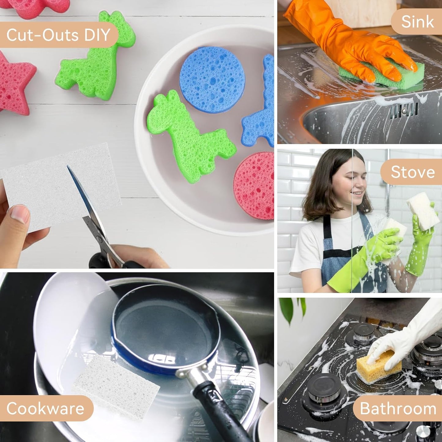 6 Pcs Kitchen Sponges for Dishes Cleaning, Non Scratch for Non Stick Cookware, Compressed Natural Cellulose Sponges, Dish Washing Scrubbers, Scrubbing Pads for Household, Bathroom (Multicolor)