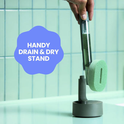 Brite by Scotch-Brite Palm Scrubber with Drain + Dry Stand, Household and Kitchen Sponge for Washing Dishes with Comfy Grip, 1 Scrub Sponge with Soap Dispenser