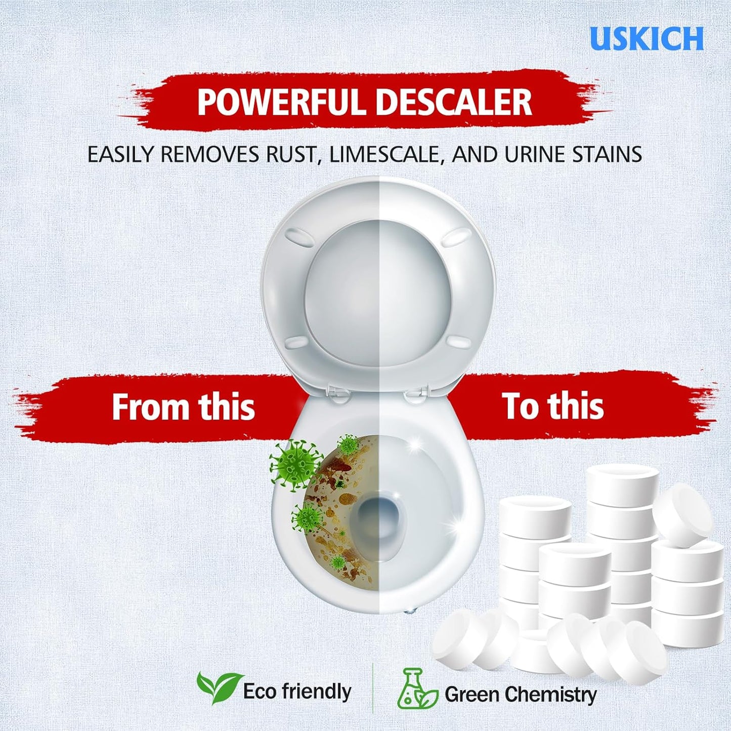USKICH 20 Pack Toilet Bowl Cleaner Tablets,Blue Automatic Toilet Tank Cleaners, Long-Lasting Household Toilet Cleaners,Toilet flush Cleaning & Deodorizer