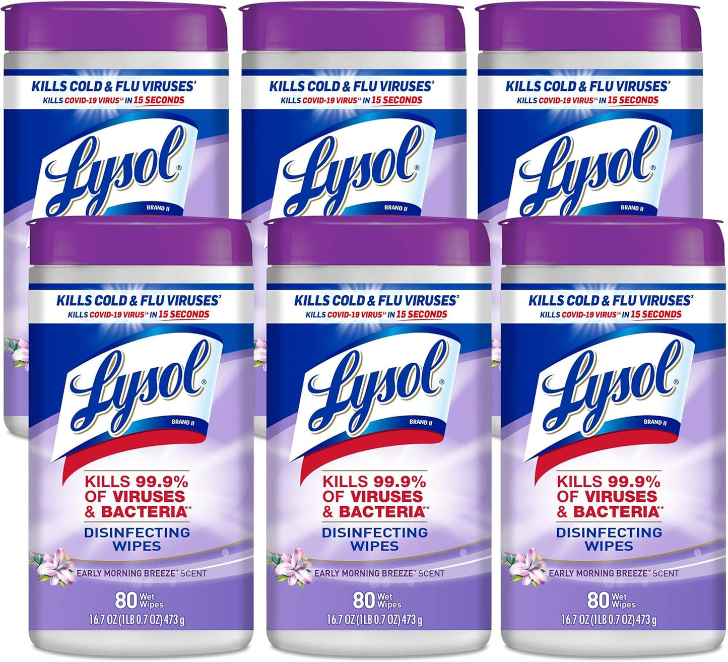 Lysol Disinfectant Wipes, Multi-Surface Antibacterial Cleaning Wipes, Dorm Room Essentials for Disinfecting and Cleaning, Early Morning Breeze, 80 Count (Pack of 6)