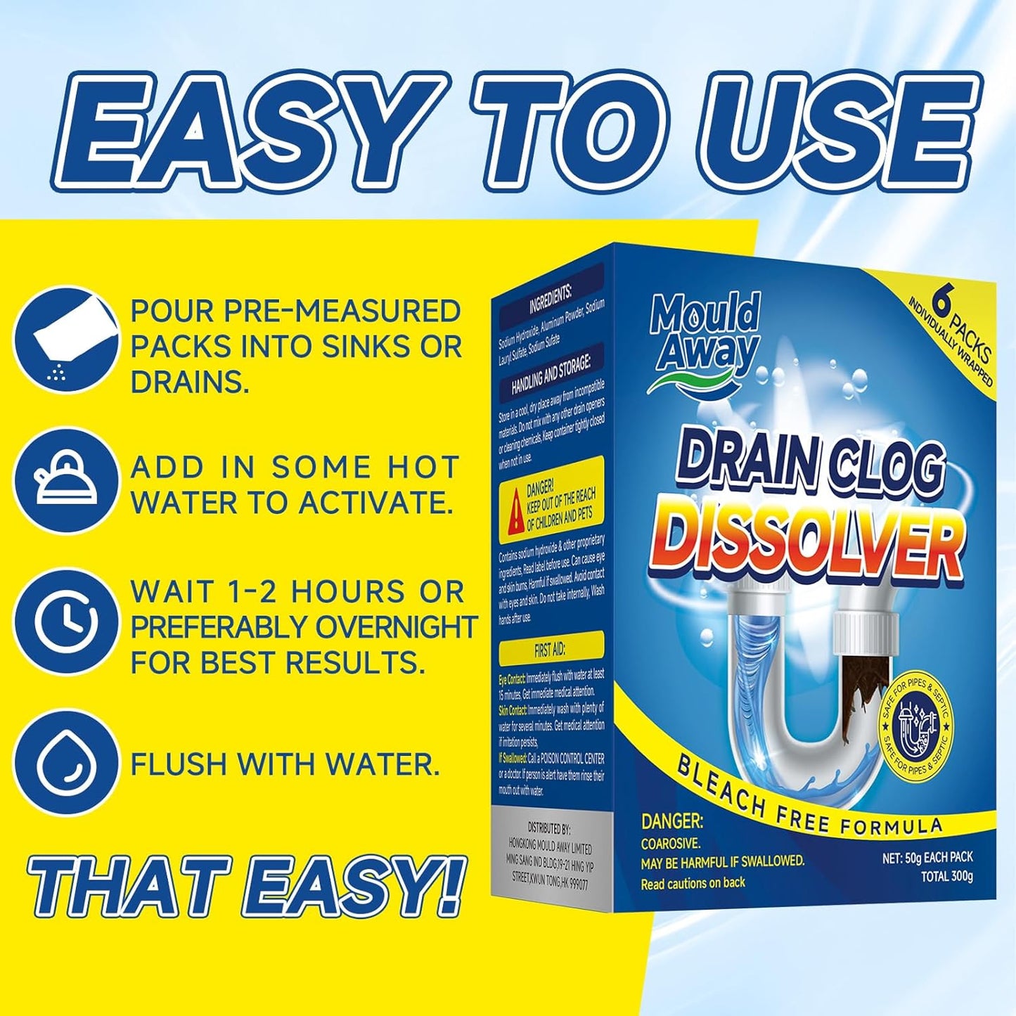 Drain Clog Remover for Sink & Shower, Dissolves Hair, Grease, Soap Scum & Paper, Powerful Bleach-Free Drain Cleaner Powder, 6 Pre-Measured Treatments for Bathroom & Kitchen
